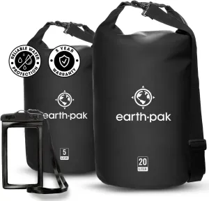 Earth Pak Waterproof Dry Bag - Roll Top Waterproof Backpack Sack Keeps Gear Dry for Kayaking, Beach, Rafting, Boating, Hiking, Camping and Fishing Black 5L & 10L