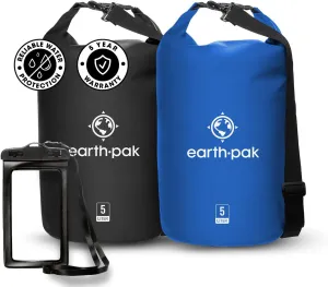 Earth Pak Waterproof Dry Bag - Roll Top Waterproof Backpack Sack Keeps Gear Dry for Kayaking, Beach, Rafting, Boating, Hiking, Camping and Fishing Black 5L & Blue 5L