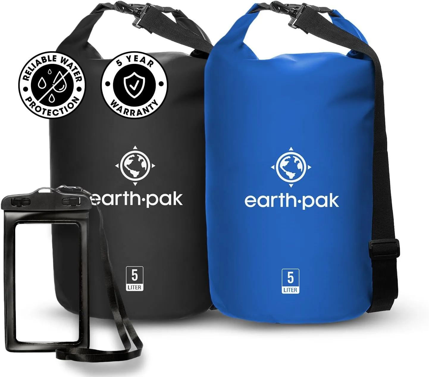 Earth Pak Waterproof Dry Bag - Roll Top Waterproof Backpack Sack Keeps Gear Dry for Kayaking, Beach, Rafting, Boating, Hiking, Camping and Fishing Black 5L & Blue 5L