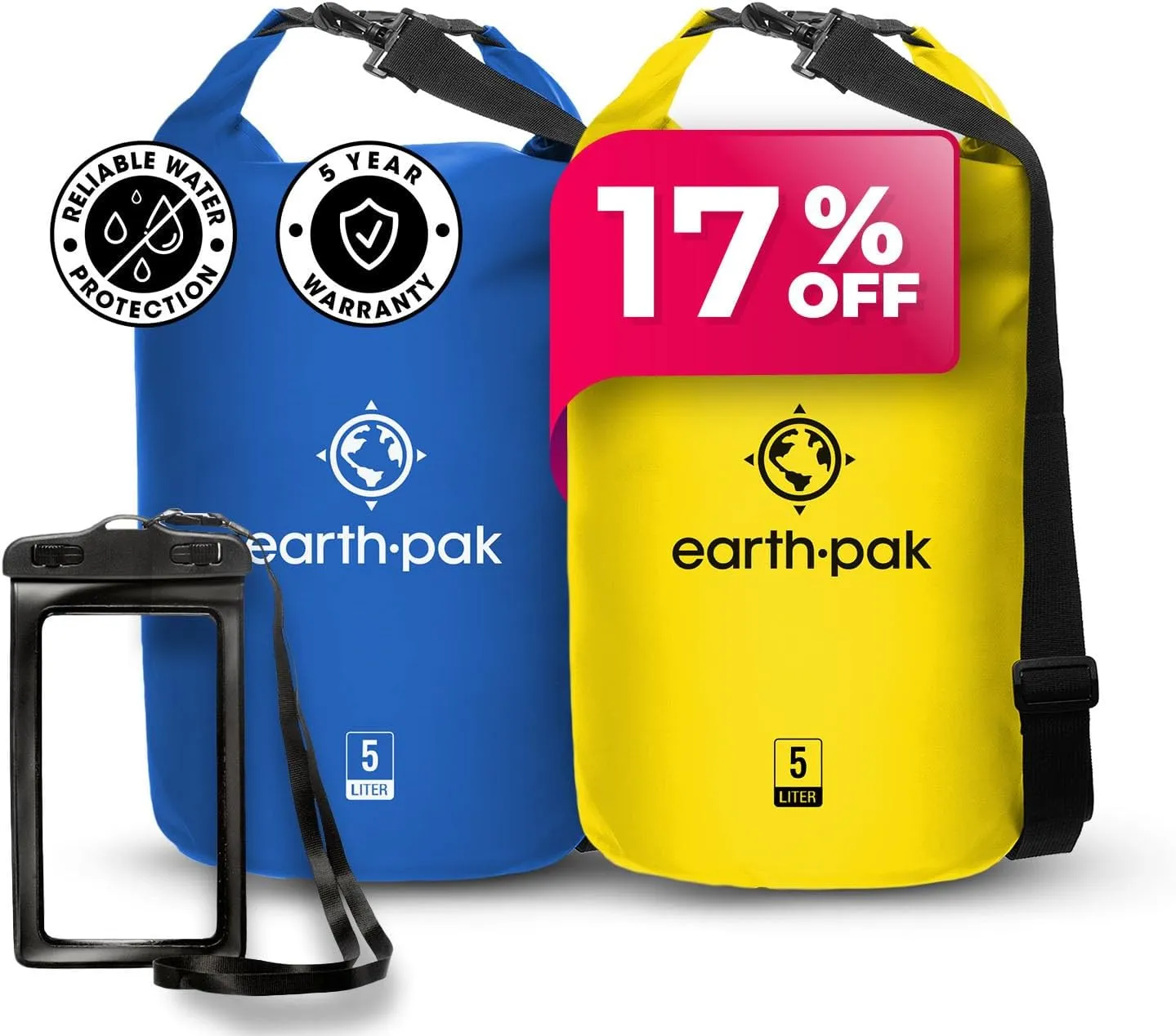 Earth Pak Waterproof Dry Bag - Roll Top Waterproof Backpack Sack Keeps Gear Dry for Kayaking, Beach, Rafting, Boating, Hiking, Camping and Fishing Blue 5L & Yellow 5L