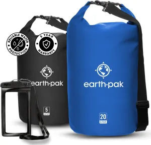 Earth Pak Waterproof Dry Bag - Roll Top Waterproof Backpack Sack Keeps Gear Dry for Kayaking, Beach, Rafting, Boating, Hiking, Camping Blue 5L & Blue 10L
