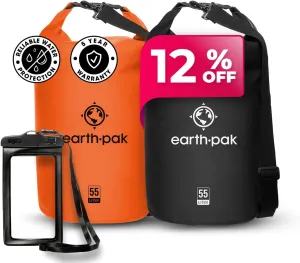 Earth Pak Waterproof Dry Bag - Roll Top Waterproof Backpack Sack (Orange 55L & Black 55L)