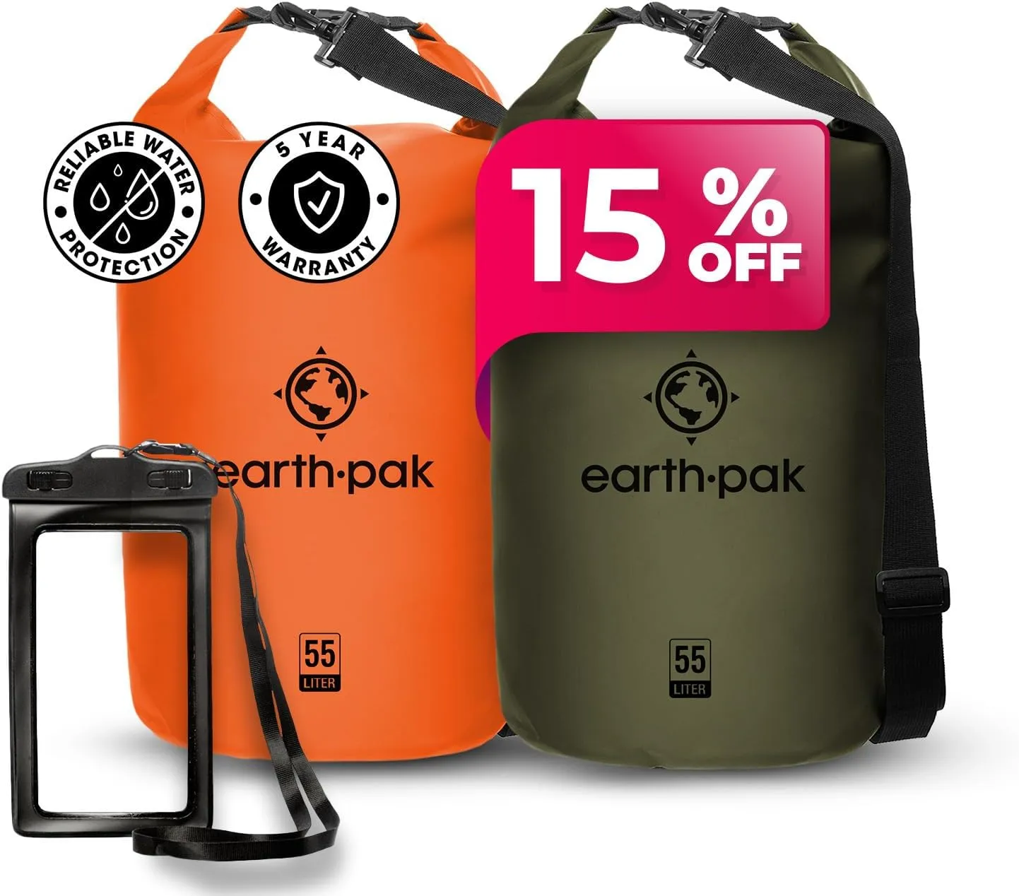 Earth Pak Waterproof Dry Bag - Roll Top Waterproof Backpack Sack (Orange 55L & Green 55L)