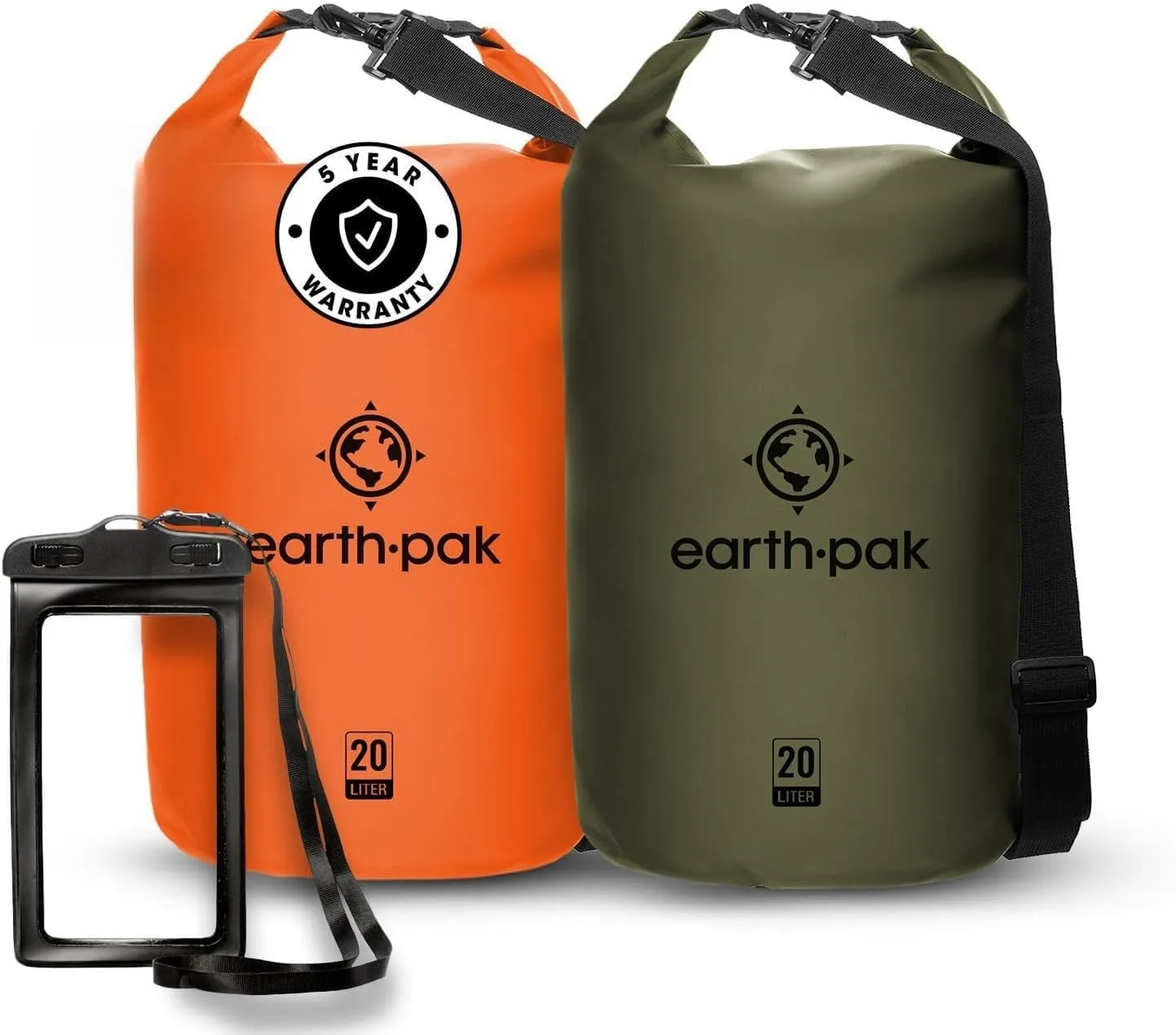 Earth Pak Waterproof Dry Bag - Roll Top Waterproof Backpack Sack (Orange 5L & Camo 20L)