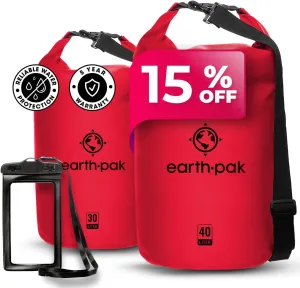 Earth Pak Waterproof Dry Bag - Roll Top Waterproof Backpack Sack (Red 40L & 30L)