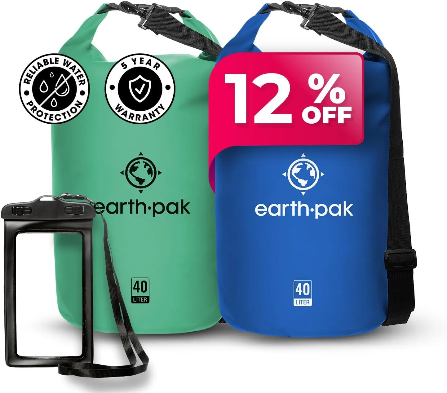 Earth Pak Waterproof Dry Bag - Roll Top Waterproof Backpack Sack (Seafoam Green 40L & Blue 40L)