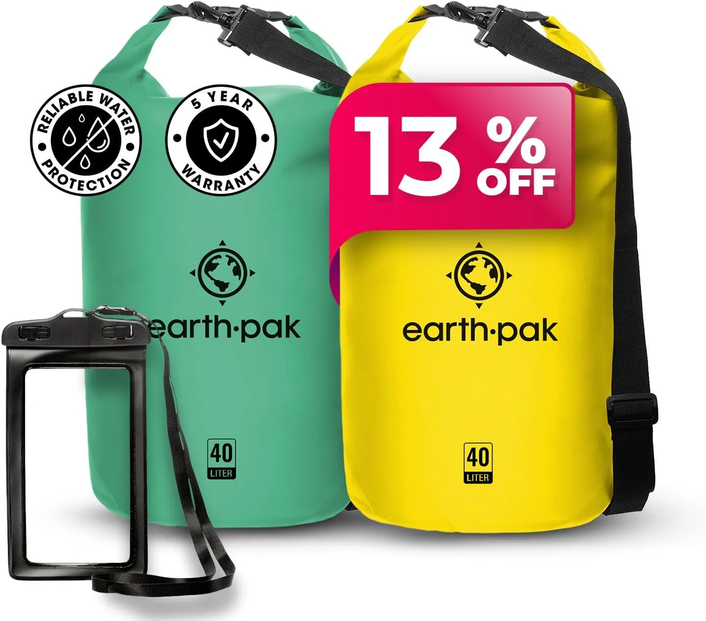 Earth Pak Waterproof Dry Bag - Roll Top Waterproof Backpack Sack (Seafoam Green 40L & Yellow 40L)
