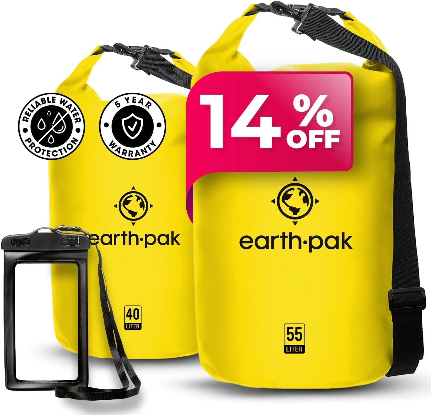 Earth Pak Waterproof Dry Bag - Roll Top Waterproof Backpack Sack (Yellow 40L & 55L)