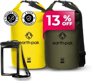 Earth Pak Waterproof Dry Bag - Roll Top Waterproof Backpack Sack (Yellow 40L & Blue 30L)