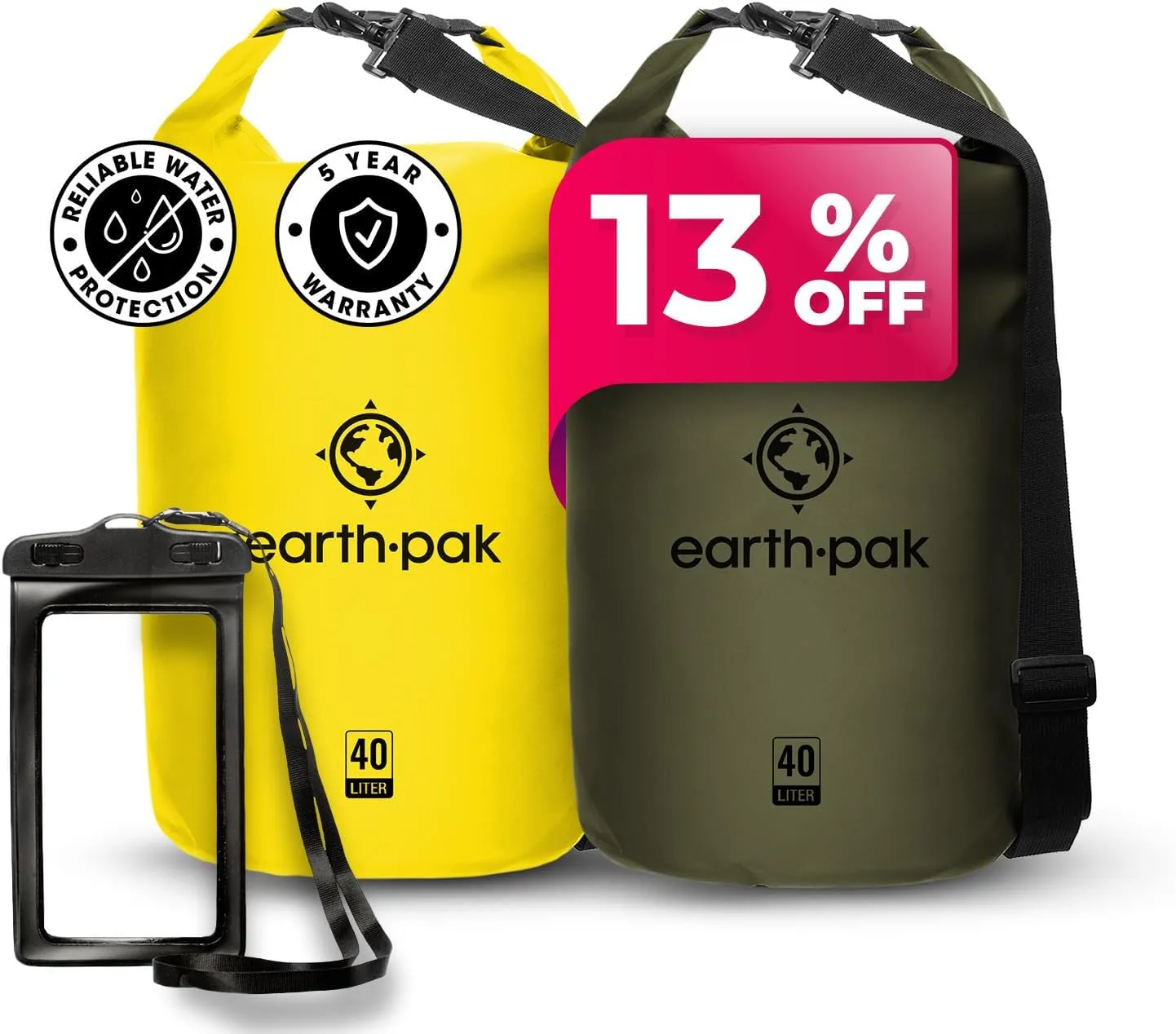 Earth Pak Waterproof Dry Bag - Roll Top Waterproof Backpack Sack (Yellow 40L & Blue 30L)