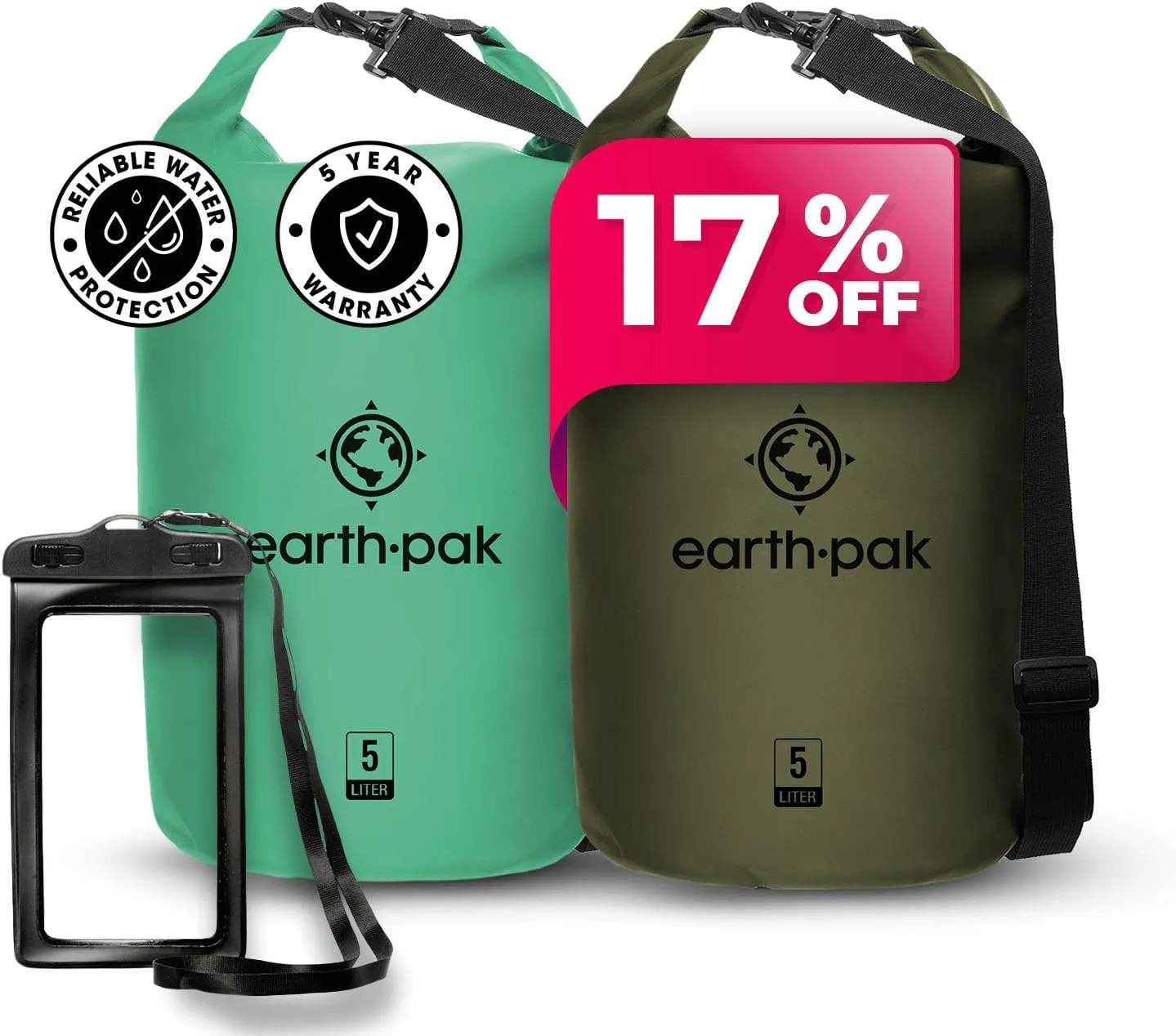 Earth Pak Waterproof Dry Bag - Roll Top Waterproof Backpack Seafoam Green 5L & Forest Green 5L