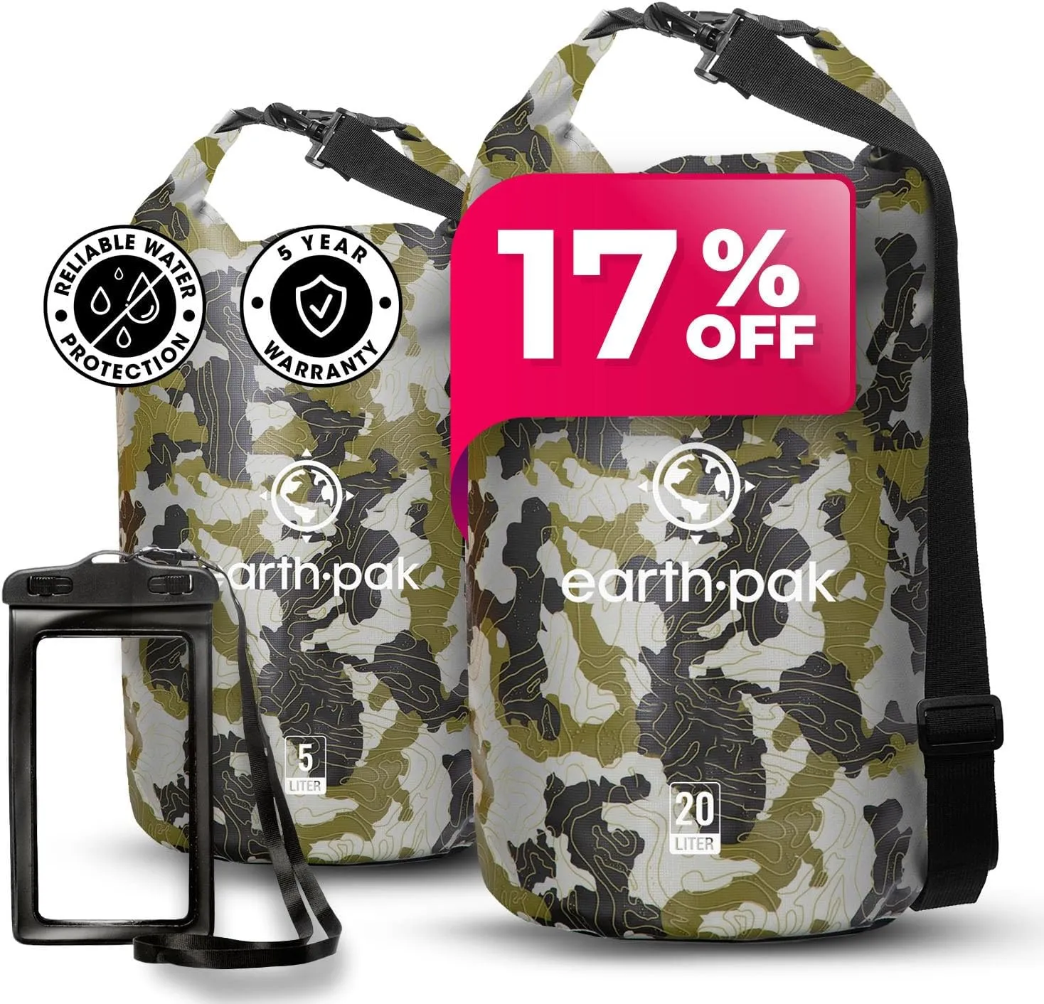 Earth Pak Waterproof Dry Bag - Roll Top Waterproof Camo 5L & Camo 20L