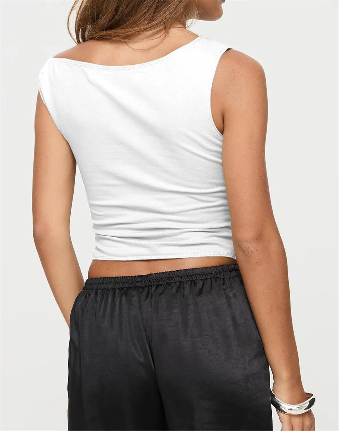 ECHOINE Women Sleeveless Button Down Shirt Sexy Crewneck Asymmetric Crop Tank Top