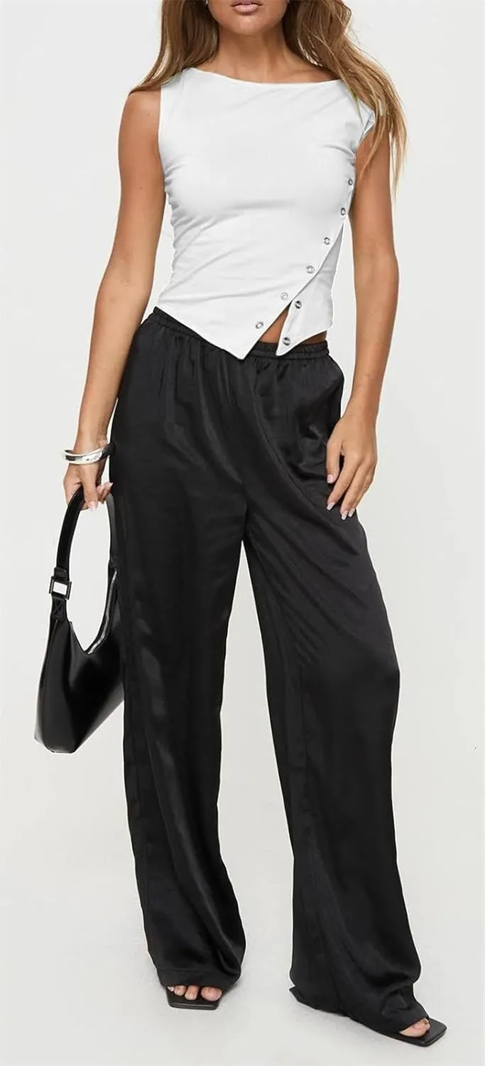 ECHOINE Women Sleeveless Button Down Shirt Sexy Crewneck Asymmetric Crop Tank Top