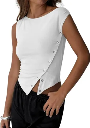 ECHOINE Women Sleeveless Button Down Shirt Sexy Crewneck Asymmetric Crop Tank Top