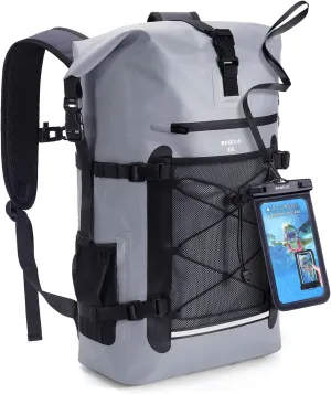 ECOHUB Waterproof Backpack for Women Men, 30L Roll-Top Closure Heavy Duty Dry Bag for Travel Kayaking Boating Hiking Floating with IPX8 Waterproof Phone Case (Grey)