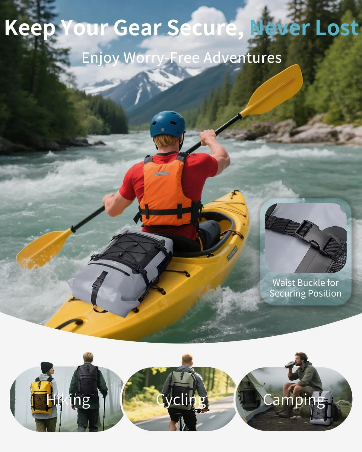 ECOHUB Waterproof Backpack for Women Men, 30L Roll-Top Closure Heavy Duty Dry Bag for Travel Kayaking Boating Hiking Floating with IPX8 Waterproof Phone Case (Grey)