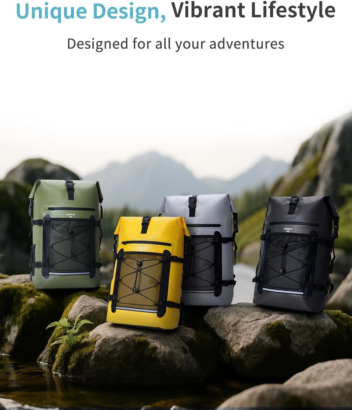 ECOHUB Waterproof Backpack for Women Men, 30L Roll-Top Closure Heavy Duty Dry Bag for Travel Kayaking Boating Hiking Floating with IPX8 Waterproof Phone Case (Grey)