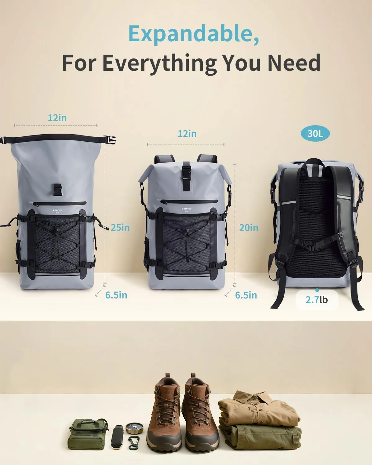 ECOHUB Waterproof Backpack for Women Men, 30L Roll-Top Closure Heavy Duty Dry Bag for Travel Kayaking Boating Hiking Floating with IPX8 Waterproof Phone Case (Grey)