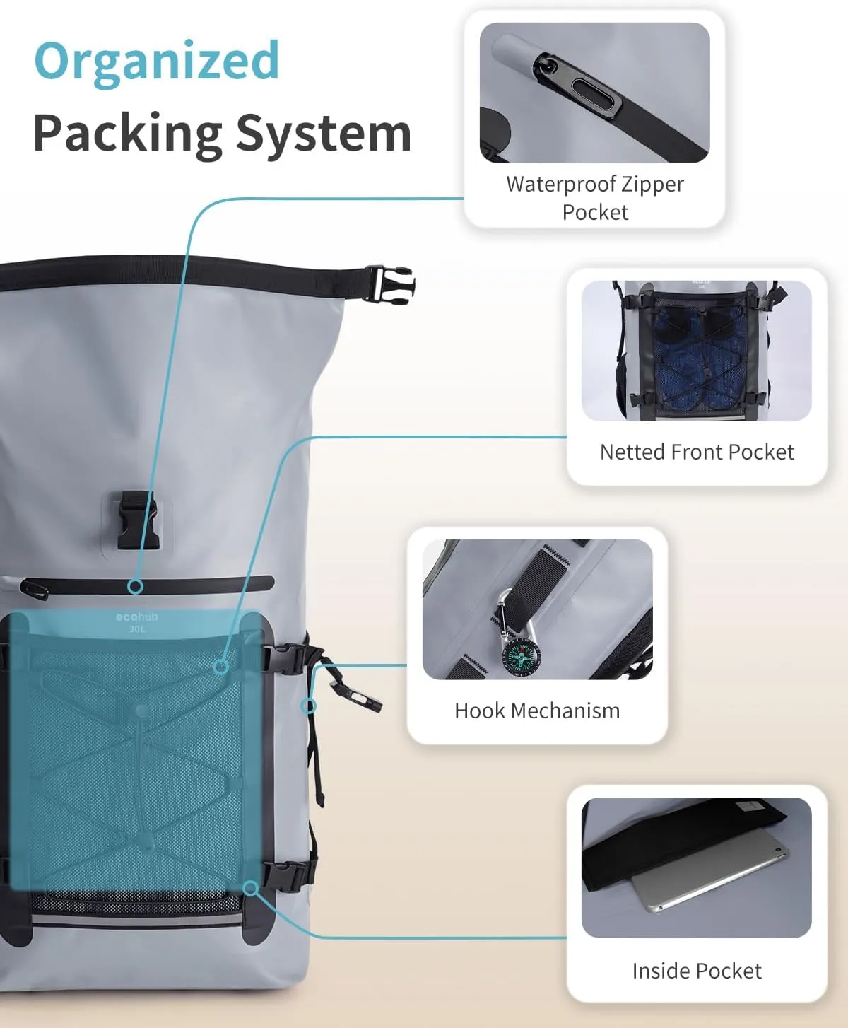 ECOHUB Waterproof Backpack for Women Men, 30L Roll-Top Closure Heavy Duty Dry Bag for Travel Kayaking Boating Hiking Floating with IPX8 Waterproof Phone Case (Grey)