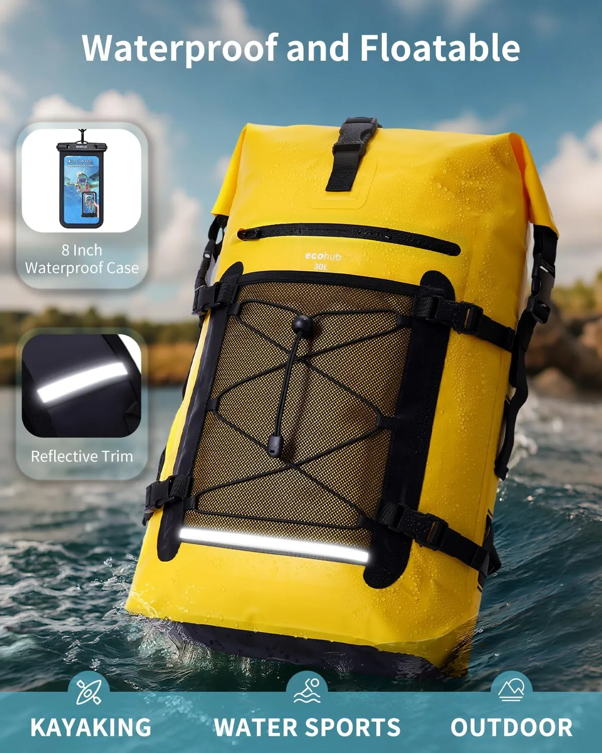 ECOHUB Waterproof Backpack for Women Men, 30L Roll-Top Closure Heavy Duty Dry Bag for Travel Kayaking Boating Hiking Floating with IPX8 Waterproof Phone Case (Yellow)