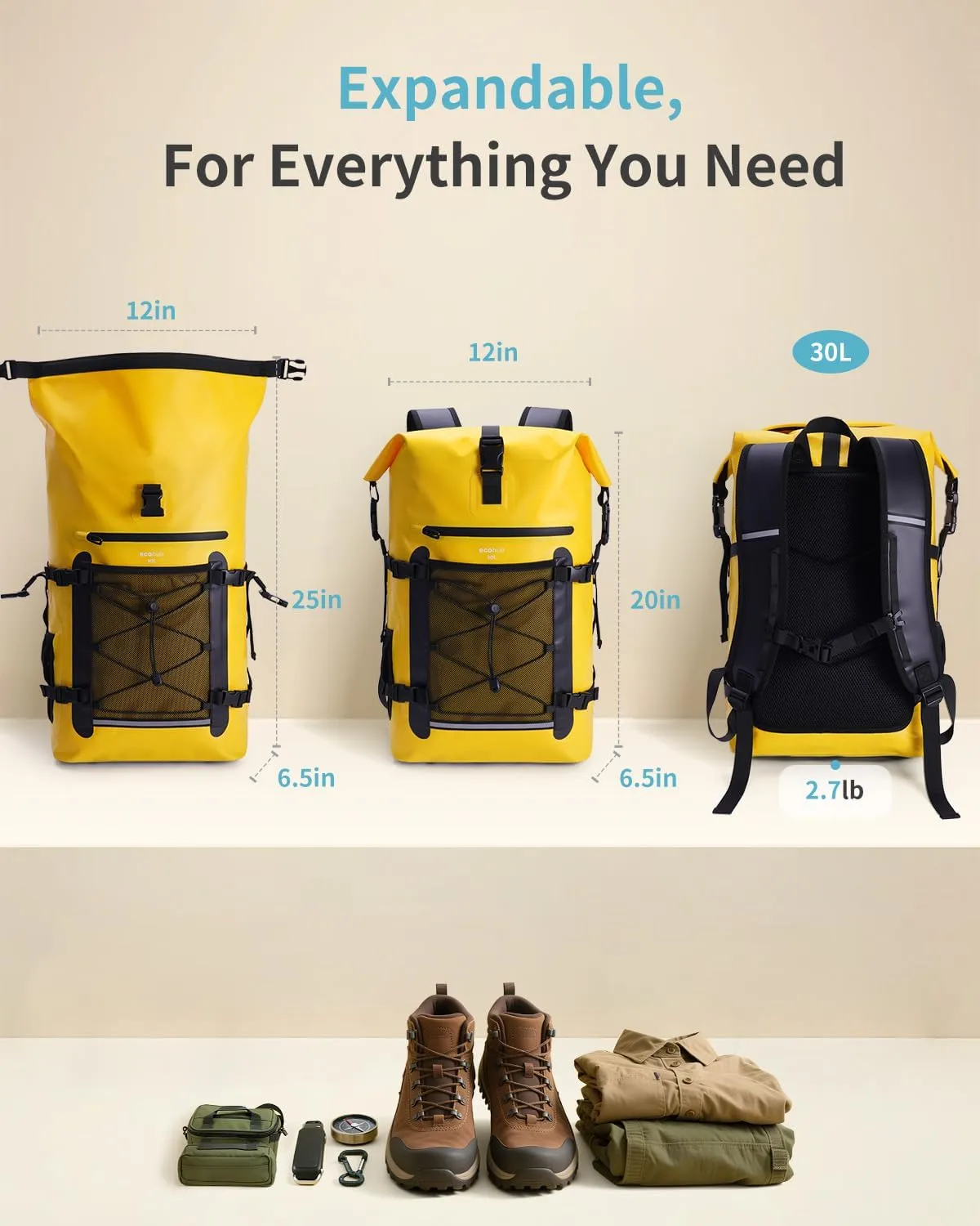ECOHUB Waterproof Backpack for Women Men, 30L Roll-Top Closure Heavy Duty Dry Bag for Travel Kayaking Boating Hiking Floating with IPX8 Waterproof Phone Case (Yellow)