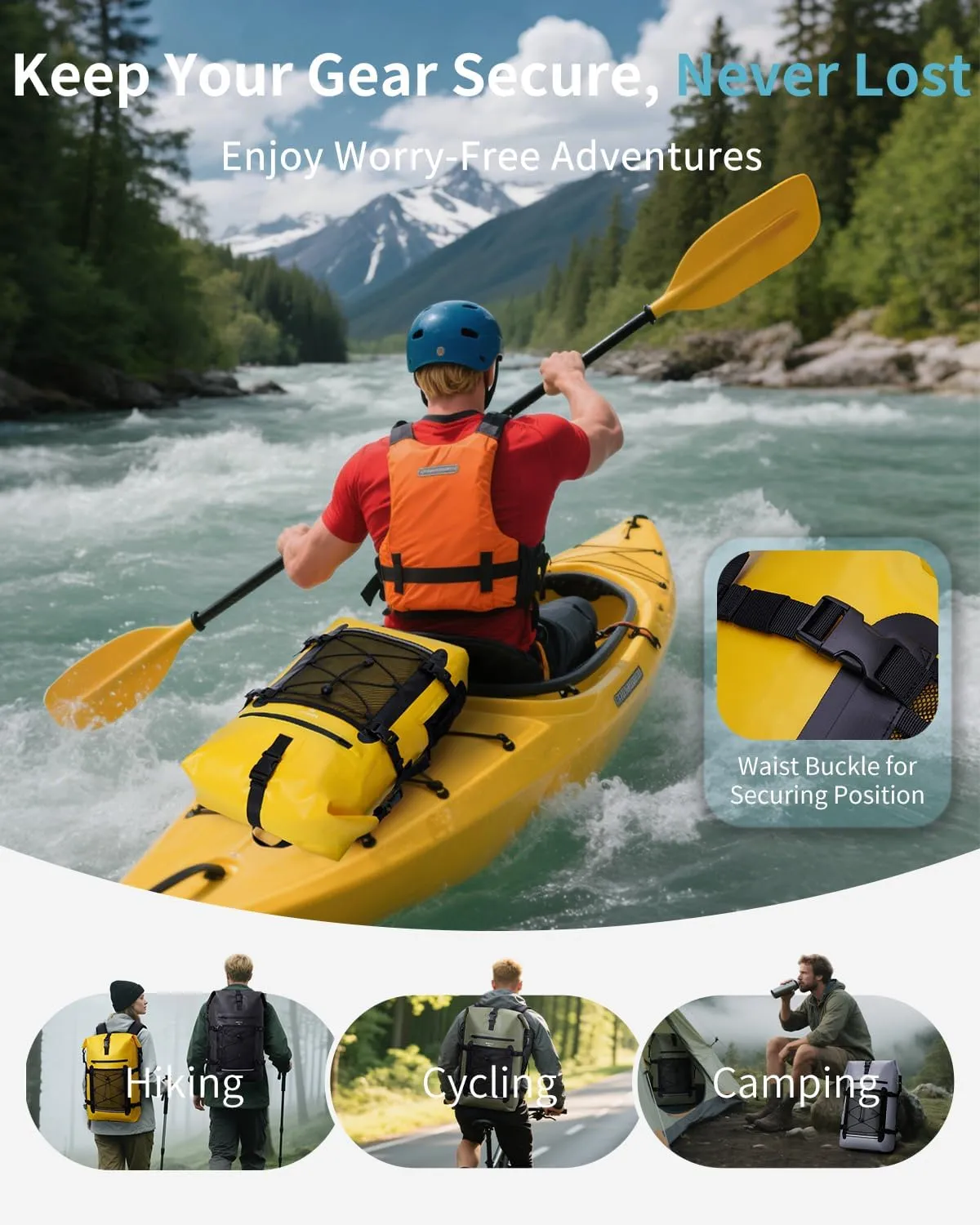 ECOHUB Waterproof Backpack for Women Men, 30L Roll-Top Closure Heavy Duty Dry Bag for Travel Kayaking Boating Hiking Floating with IPX8 Waterproof Phone Case (Yellow)