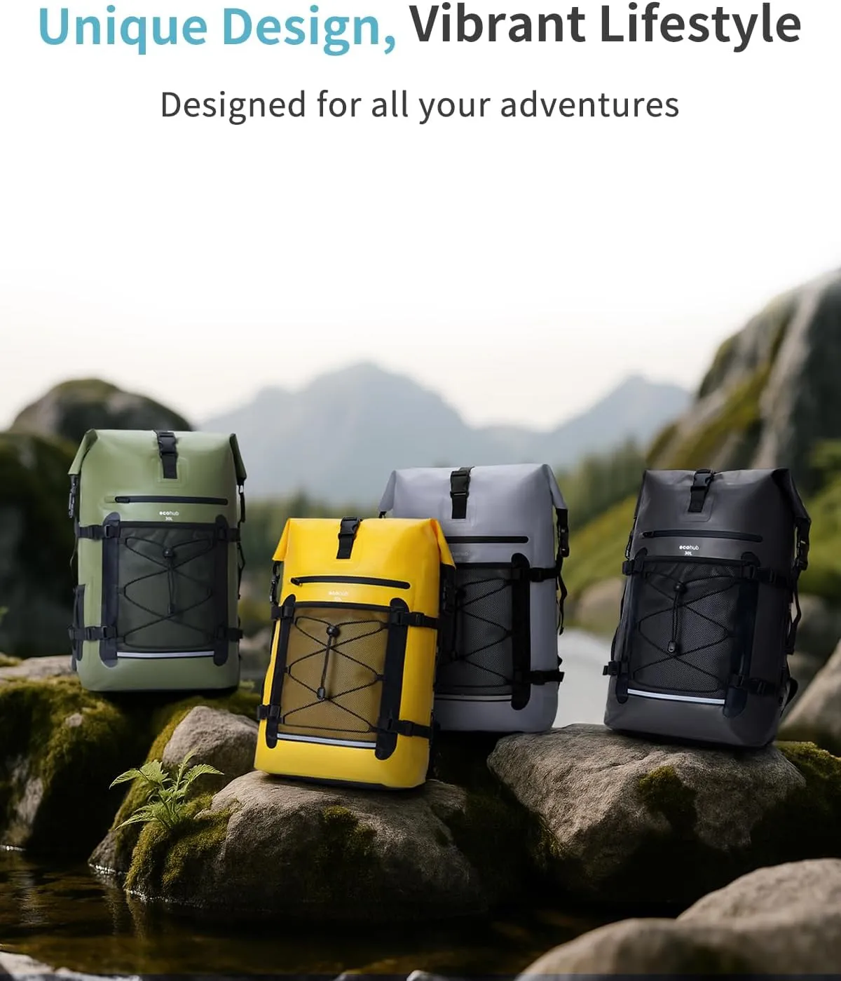 ECOHUB Waterproof Backpack for Women Men, 30L Roll-Top Closure Heavy Duty Dry Bag for Travel Kayaking Boating Hiking Floating with IPX8 Waterproof Phone Case (Yellow)