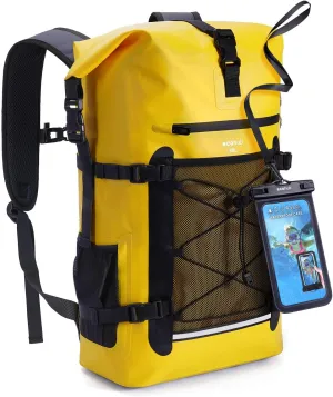 ECOHUB Waterproof Backpack for Women Men, 30L Roll-Top Closure Heavy Duty Dry Bag for Travel Kayaking Boating Hiking Floating with IPX8 Waterproof Phone Case (Yellow)
