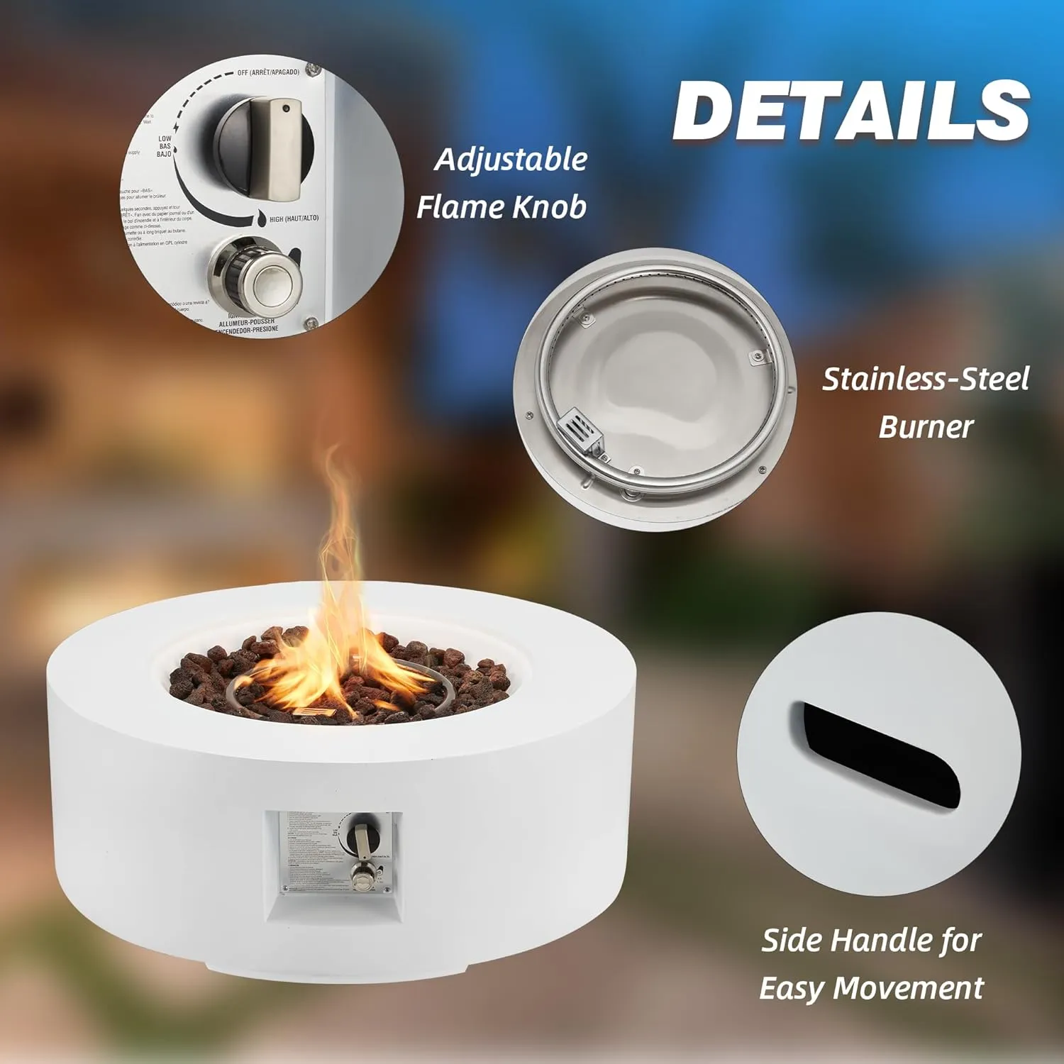 ECOTOUGE 2-Piece 30 Inch Round Outdoor Propane Firepit Table Set with Tank Table, 50,000 BTU Steel Gas Fire Table, Auto-Ignition Concrete Fire Pit w/Weather-Resistant Pit Cover, Lava Rocks, White