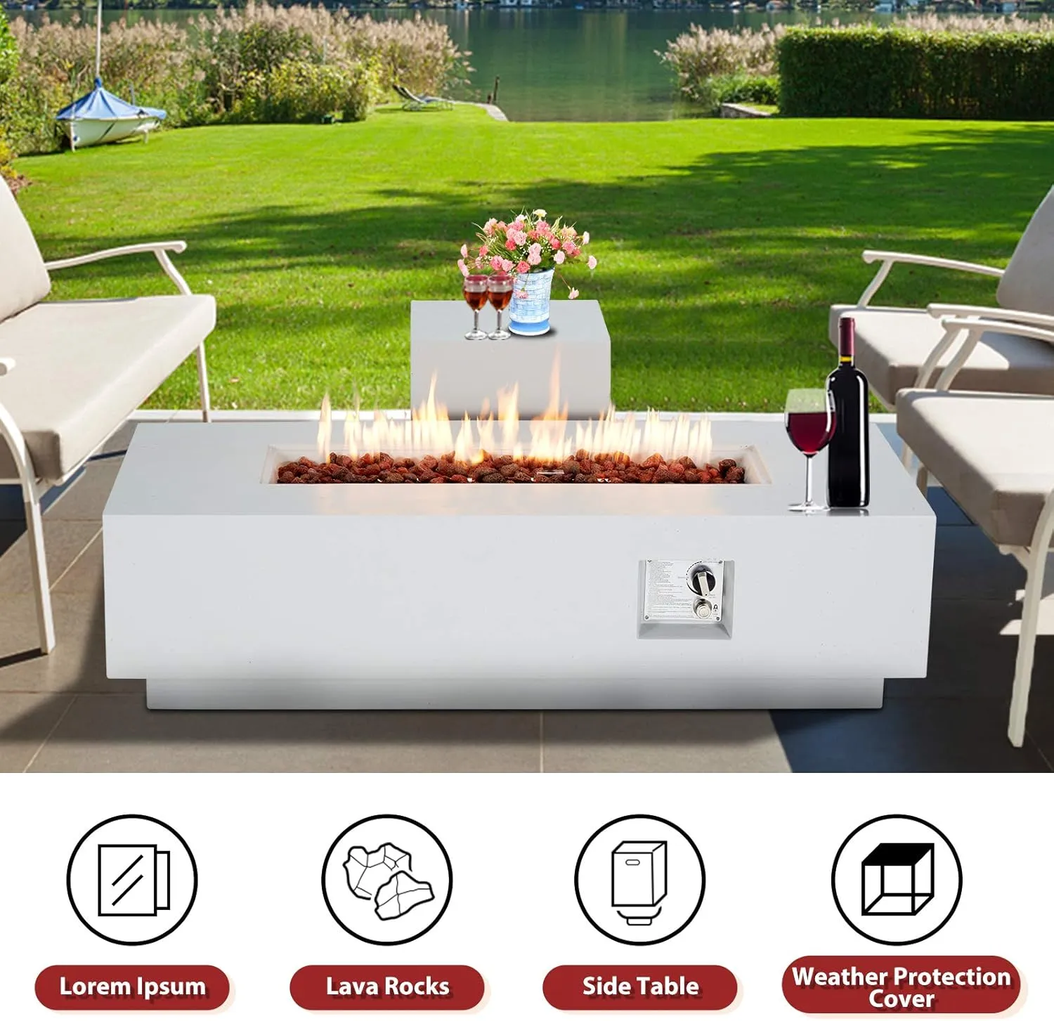 ECOTOUGE 2-Piece 56Inch Outdoor Propane Fire Pit Table Set with 20 Gallon Gas Tank Side Table, 50,000 BTU Rectangular Concrete-Style Fire Table, w/Weather Rust-Resistant Cover, Outdoor Furniture