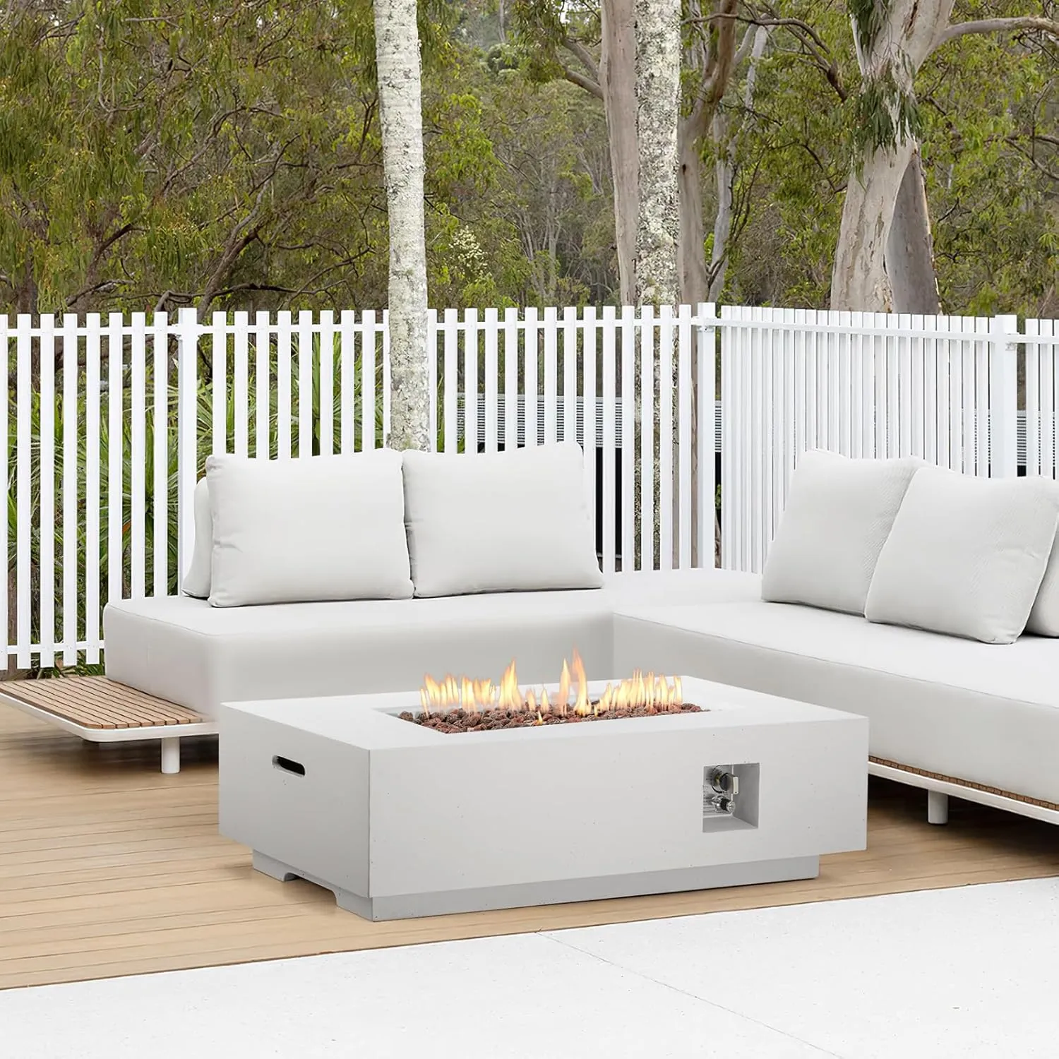 ECOTOUGE 56" Patio Propane Fire Pit Table, 50,000 BTU Rectangle Concrete Fire Pits with Waterproof Cover, Auto-Ignition, Free Lava Rocks for Garden, Porch, Backyard, White