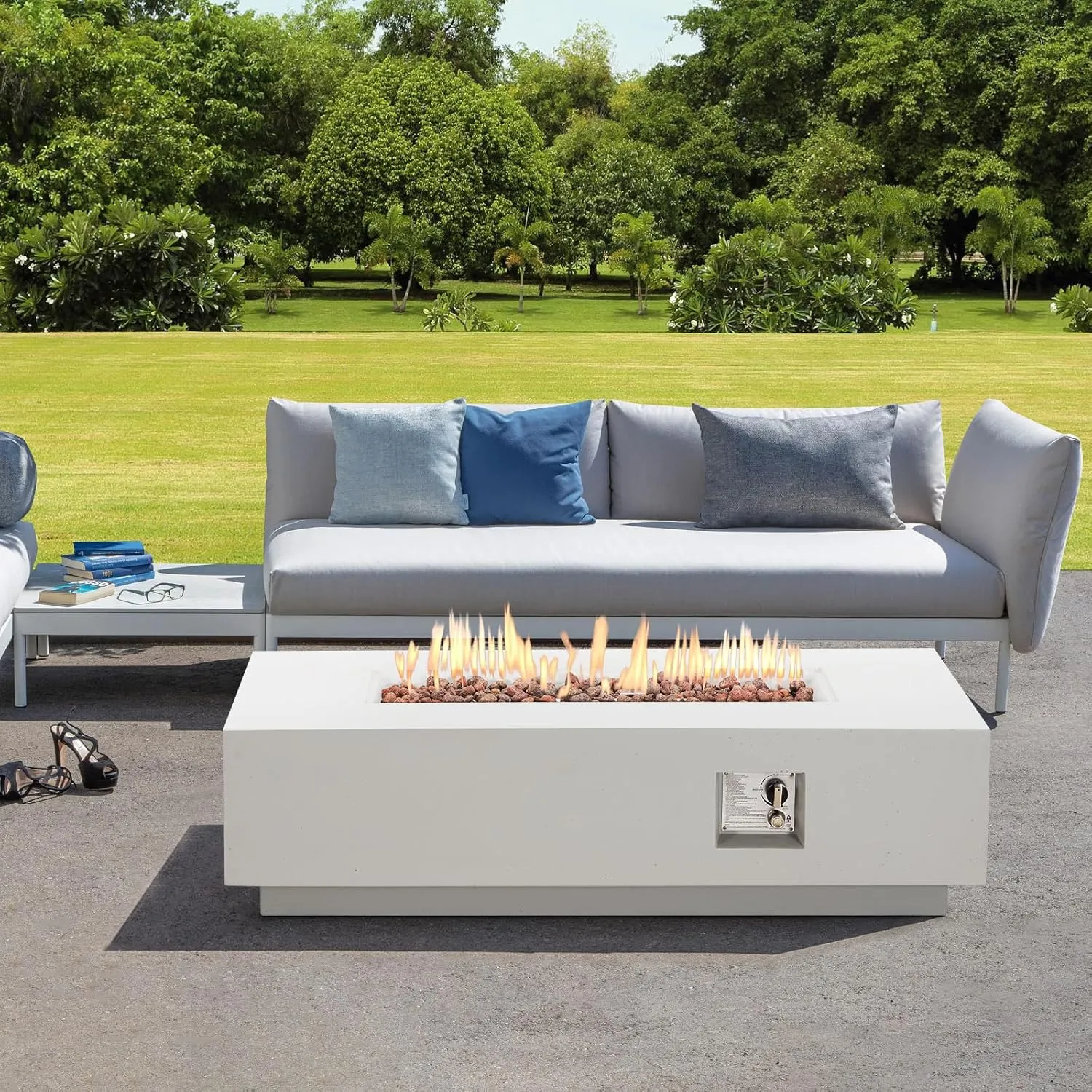 ECOTOUGE 56" Patio Propane Fire Pit Table, 50,000 BTU Rectangle Concrete Fire Pits with Waterproof Cover, Auto-Ignition, Free Lava Rocks for Garden, Porch, Backyard, White