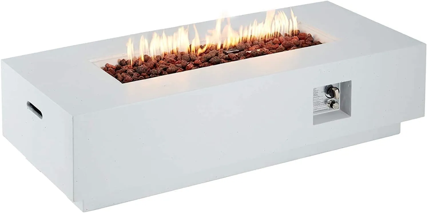 ECOTOUGE 56" Patio Propane Fire Pit Table, 50,000 BTU Rectangle Concrete Fire Pits with Waterproof Cover, Auto-Ignition, Free Lava Rocks for Garden, Porch, Backyard, White