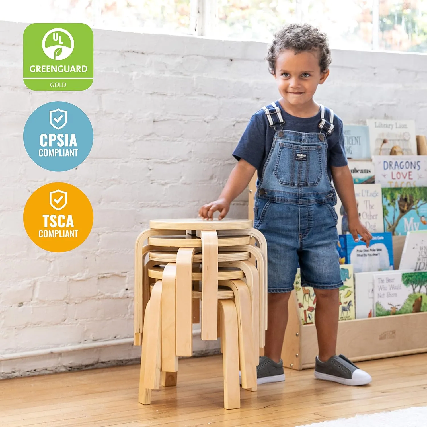 ECR4Kids Bentwood Stackable Stools, Classroom Furniture, Natural, 6-Piece