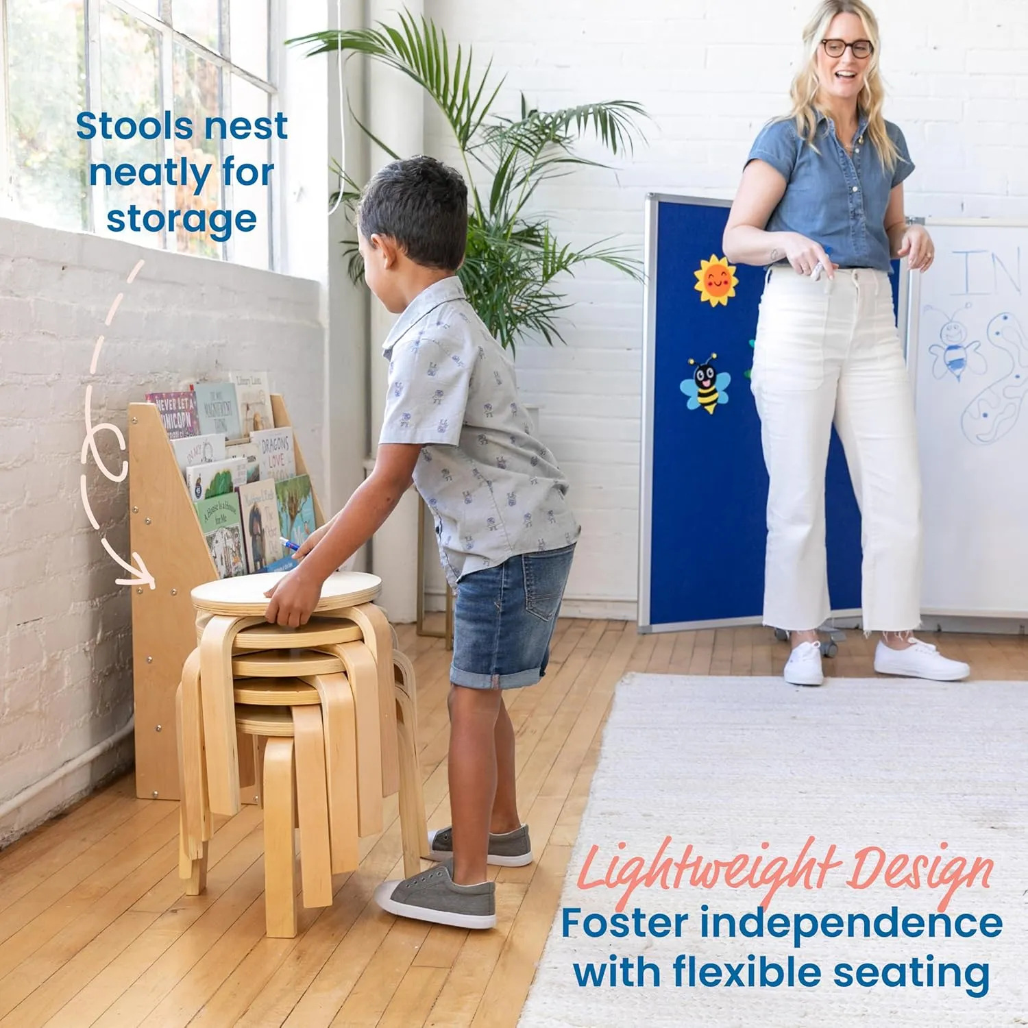 ECR4Kids Bentwood Stackable Stools, Classroom Furniture, Natural, 6-Piece