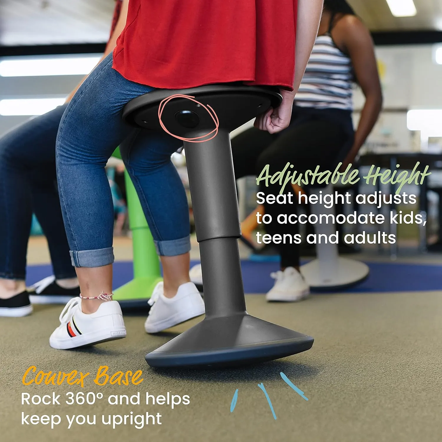 ECR4Kids SitWell Wobble Stool, Adjustable Height, Active Seating, Black