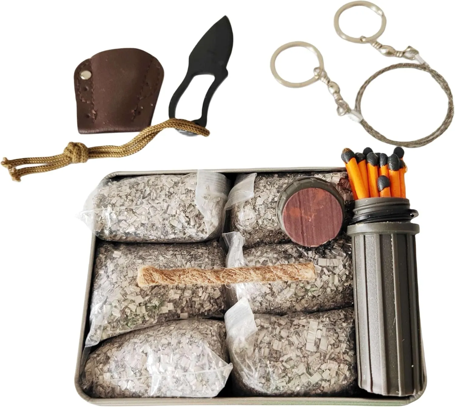 eGreen Emergency Fire Starter 6 Bag Magneisums Weatherproof Matches Multi Purpose Tool Saw Wire Knife Blanket Wax Rope for Camping Hiking   Free Tin Can (Mg   Matches   Saw   Knife   Rope), Portable