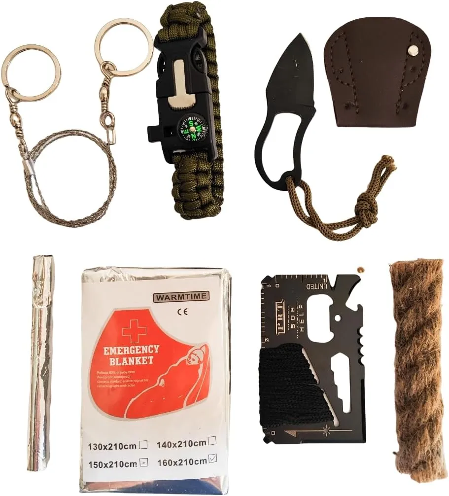 EGREEN Emergency Fire Starter 6 Bag Magneisums Weatherproof Matches Multi Purpose Tool Saw Wire Knife Blanket Wax Rope for Camping Hiking   Free Tin Can (Mg   Matches   Saw   Tool   Knife   Blanket)