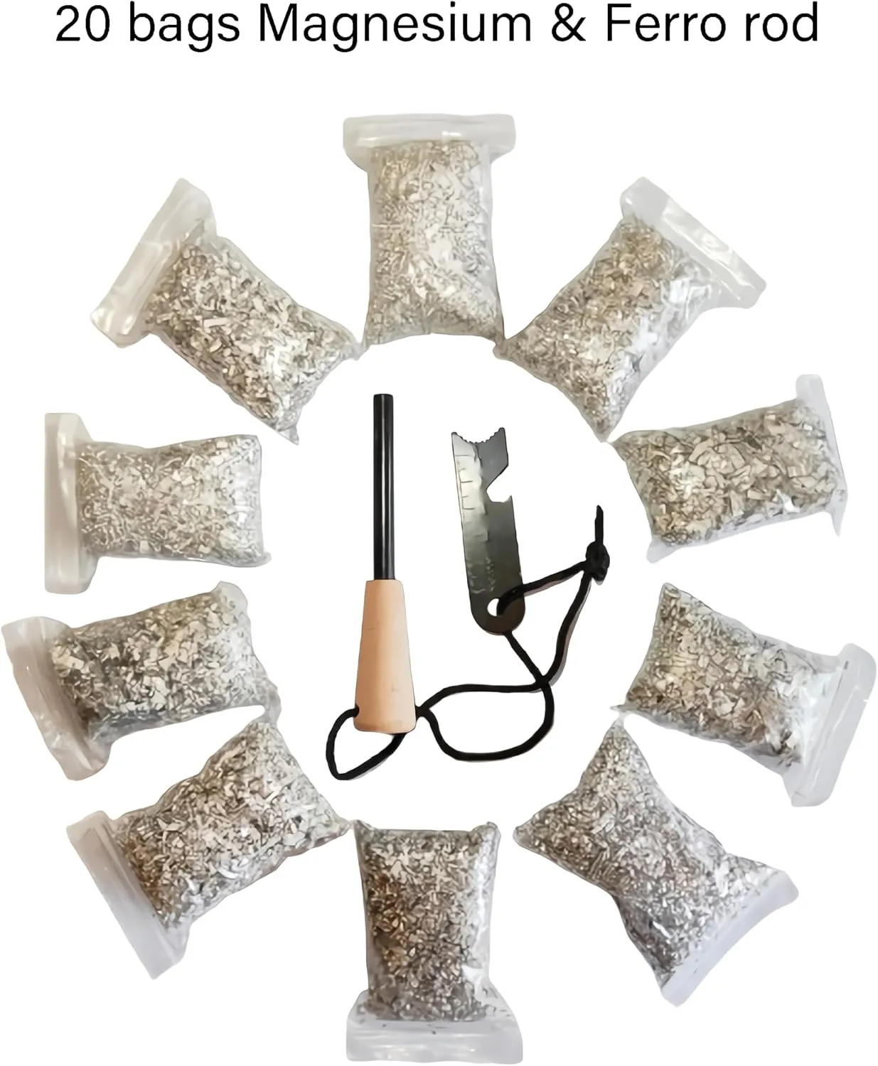 eGreen Fire Starter Complete Kit, 10/15/20 Magnesium Bags, 5/16" Ferro Rod, Multi-Tool Striker, Wax Jute Rope, Outdoor Survival Camping Bushcraft Bug Out Bag Set