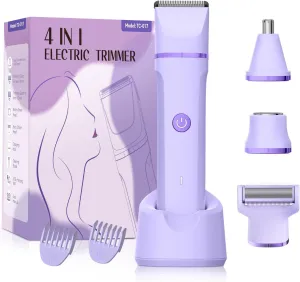 Electric Razors for Women - 4 in 1 Bikini Trimmer for Women, Waterproof Body Pubic Shaver for Womens Wet & Dry Use, Replaceable Facial & Nose Hair Trimmer, Rechargeable Hair Removal Kit, Purple