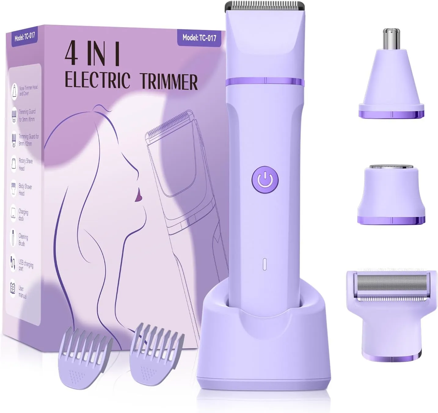 Electric Razors for Women - 4 in 1 Bikini Trimmer for Women, Waterproof Body Pubic Shaver for Womens Wet & Dry Use, Replaceable Facial & Nose Hair Trimmer, Rechargeable Hair Removal Kit, Purple