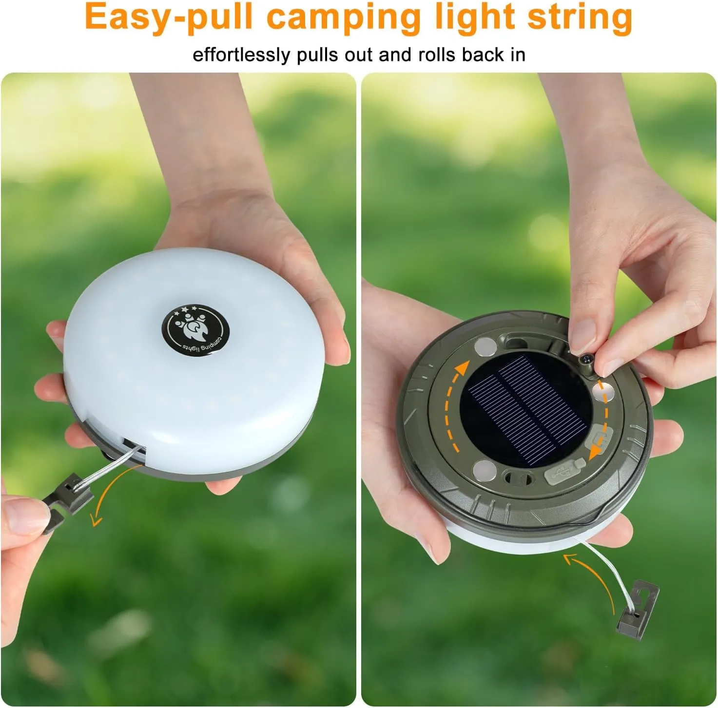 Ellasay 2-in-1 Solar Camping Lights String: 5 Modes IP65 Waterproof - 1200mAh Battery USB/Solar Charging for Outdoor Tents RV Hiking - Backyard Party Decor - 29.52ft