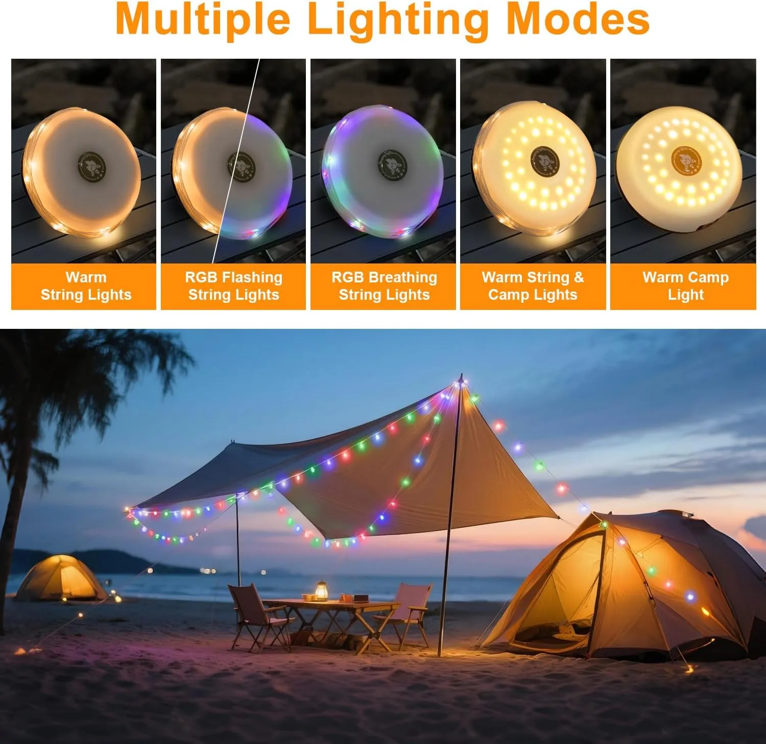 Ellasay 2-in-1 Solar Camping Lights String: 5 Modes IP65 Waterproof - 1200mAh Battery USB/Solar Charging for Outdoor Tents RV Hiking - Backyard Party Decor - 29.52ft