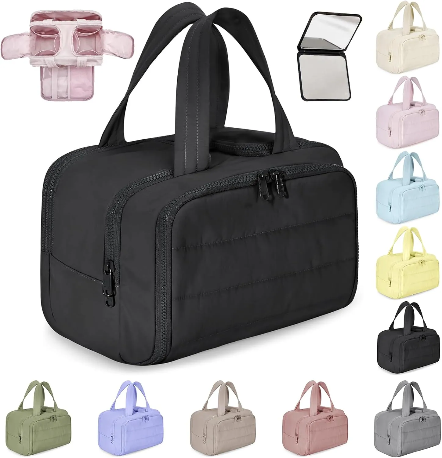 Elouva Toiletry Bag, Elouva Makeup Bag, Large Capacity Wide-Open Travel Cosmetic Bags for Women, 4-in-1 Multi-Functional Lightweight Waterproof Organizer Bags with Handle for Accessories (Black)