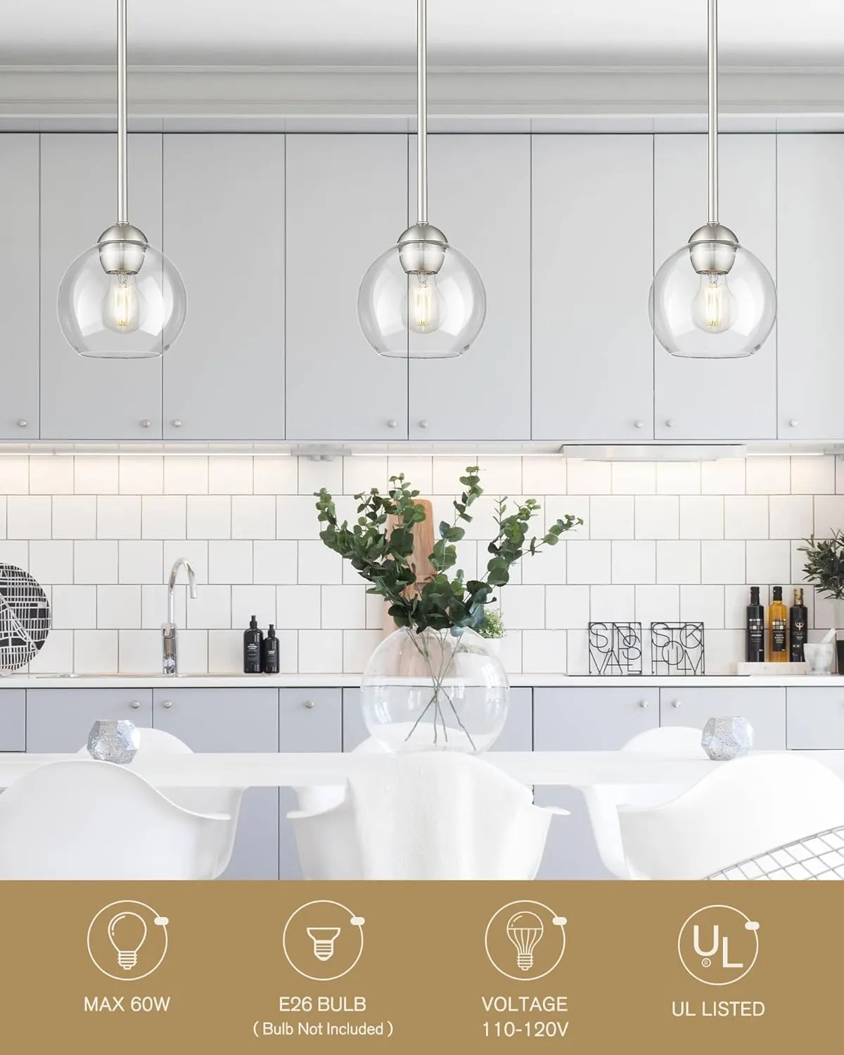 Emak 7 Inch Globe Pendant Lights, Brushed Nickel Pendant Light Fixtures with Clear Glass Shade, Modern 1 Light Hanging Lights for Kitchen Island, Bedroom, Bathroom, PL119-BN