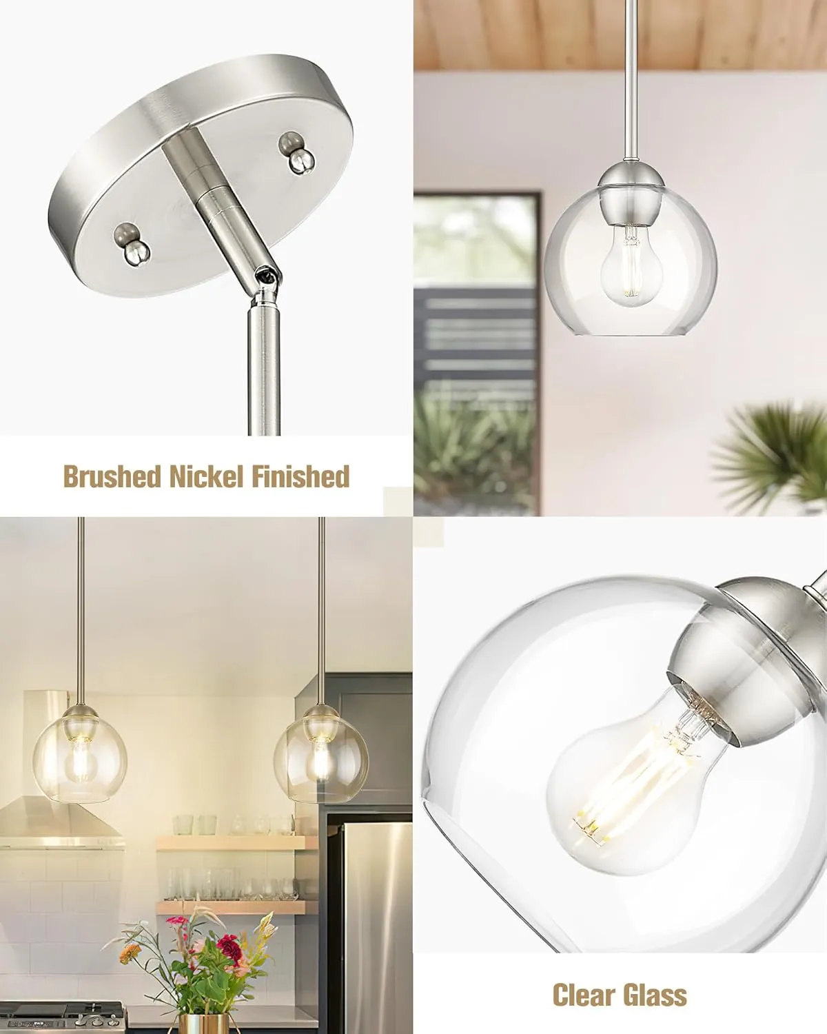 Emak 7 Inch Globe Pendant Lights, Brushed Nickel Pendant Light Fixtures with Clear Glass Shade, Modern 1 Light Hanging Lights for Kitchen Island, Bedroom, Bathroom, PL119-BN
