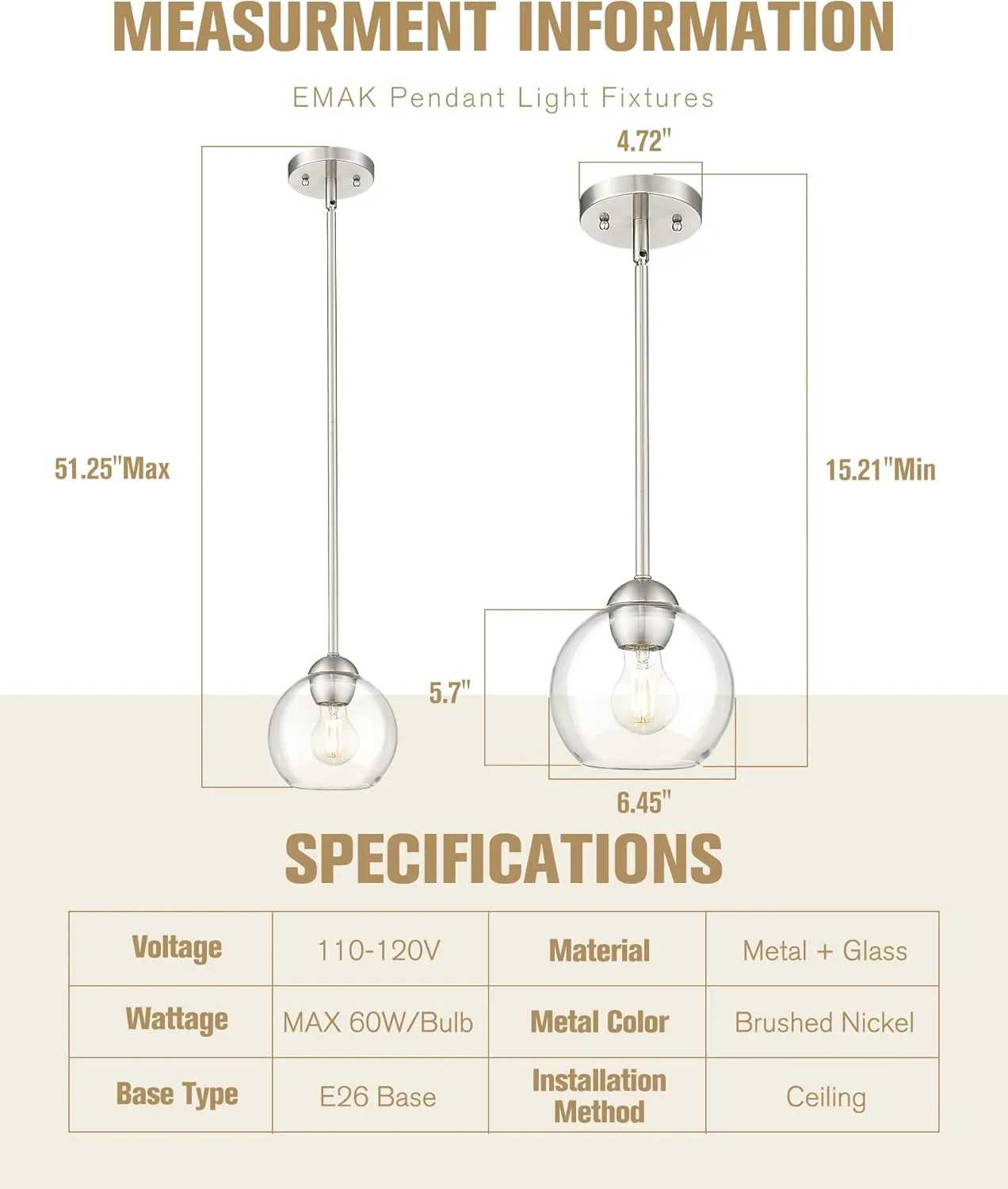 Emak 7 Inch Globe Pendant Lights, Brushed Nickel Pendant Light Fixtures with Clear Glass Shade, Modern 1 Light Hanging Lights for Kitchen Island, Bedroom, Bathroom, PL119-BN