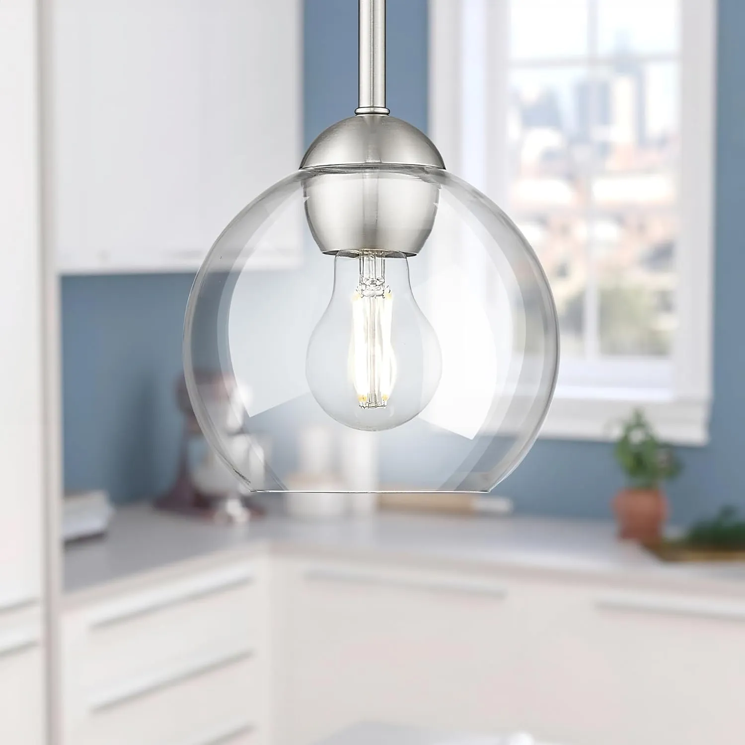 Emak 7 Inch Globe Pendant Lights, Brushed Nickel Pendant Light Fixtures with Clear Glass Shade, Modern 1 Light Hanging Lights for Kitchen Island, Bedroom, Bathroom, PL119-BN