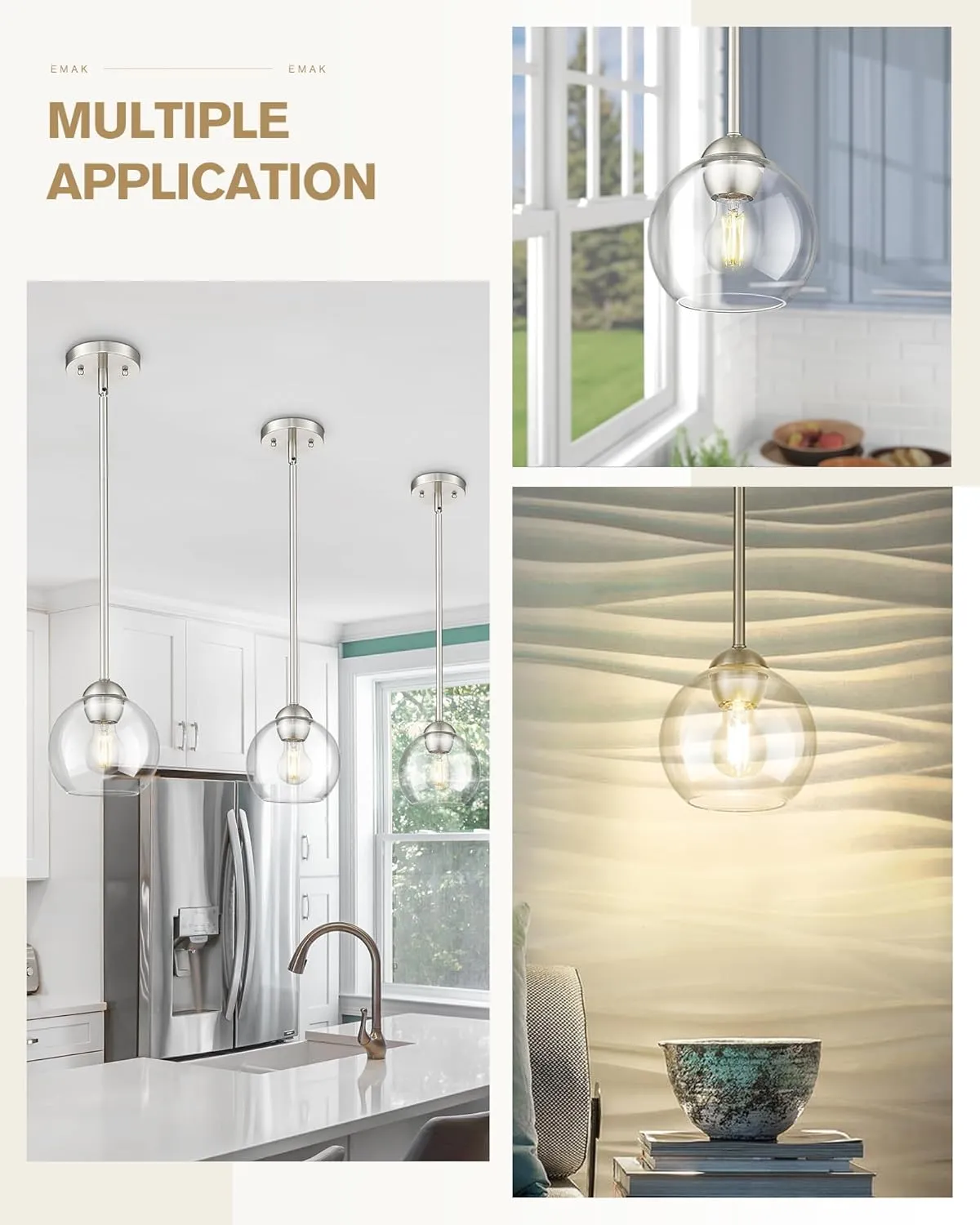 Emak 7 Inch Globe Pendant Lights, Brushed Nickel Pendant Light Fixtures with Clear Glass Shade, Modern 1 Light Hanging Lights for Kitchen Island, Bedroom, Bathroom, PL119-BN